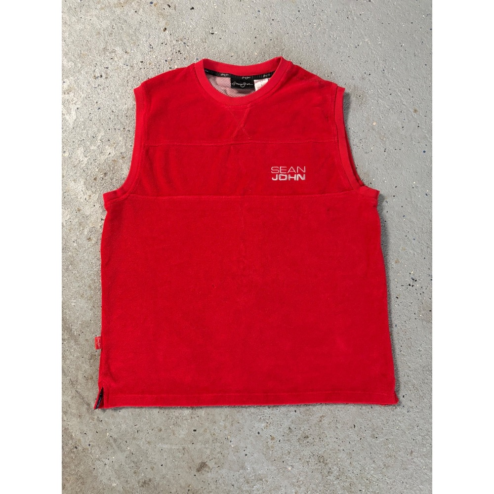 Sean John Mens Red Terry Cloth Sleeveless Sweatshirt Vest L Embroidered Logo